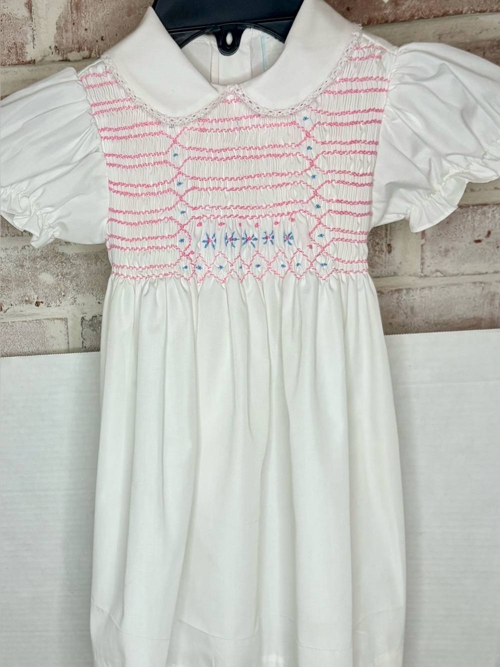 Vintage 1970s Girls Hand Smocked White Dress Pink Blue Floral 2T